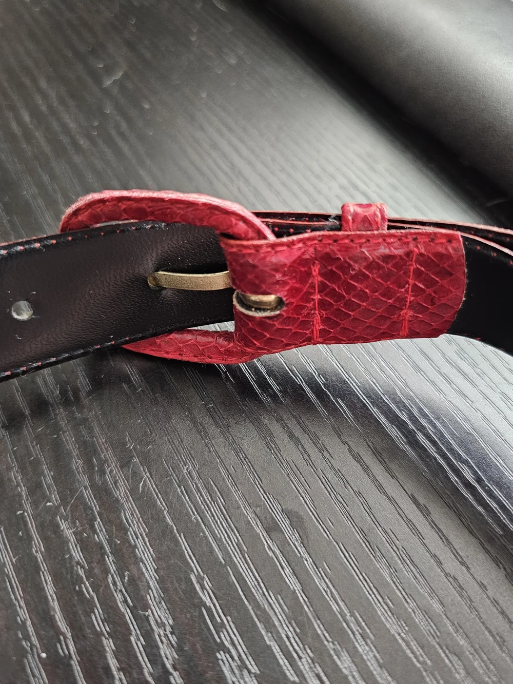 Vintage 1970-1980's Red Genuine-Snakeskin Leather Belt with Gold Buckle